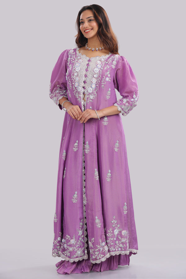 Designer Tissue Silk Hand Embroidered Anarkali Clubbed With Crushed Tissue Skirt And Tissue Dupatta