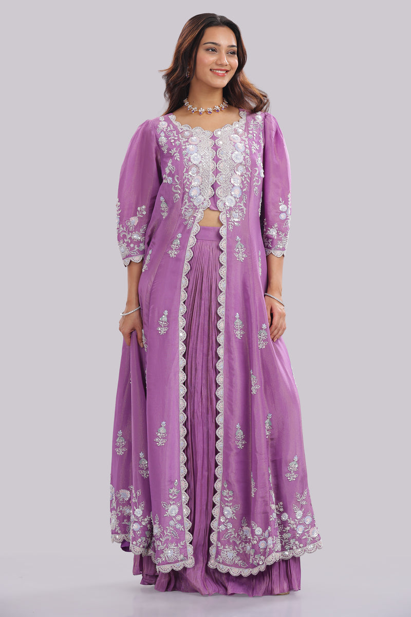 Designer Tissue Silk Hand Embroidered Anarkali Clubbed With Crushed Tissue Skirt And Tissue Dupatta