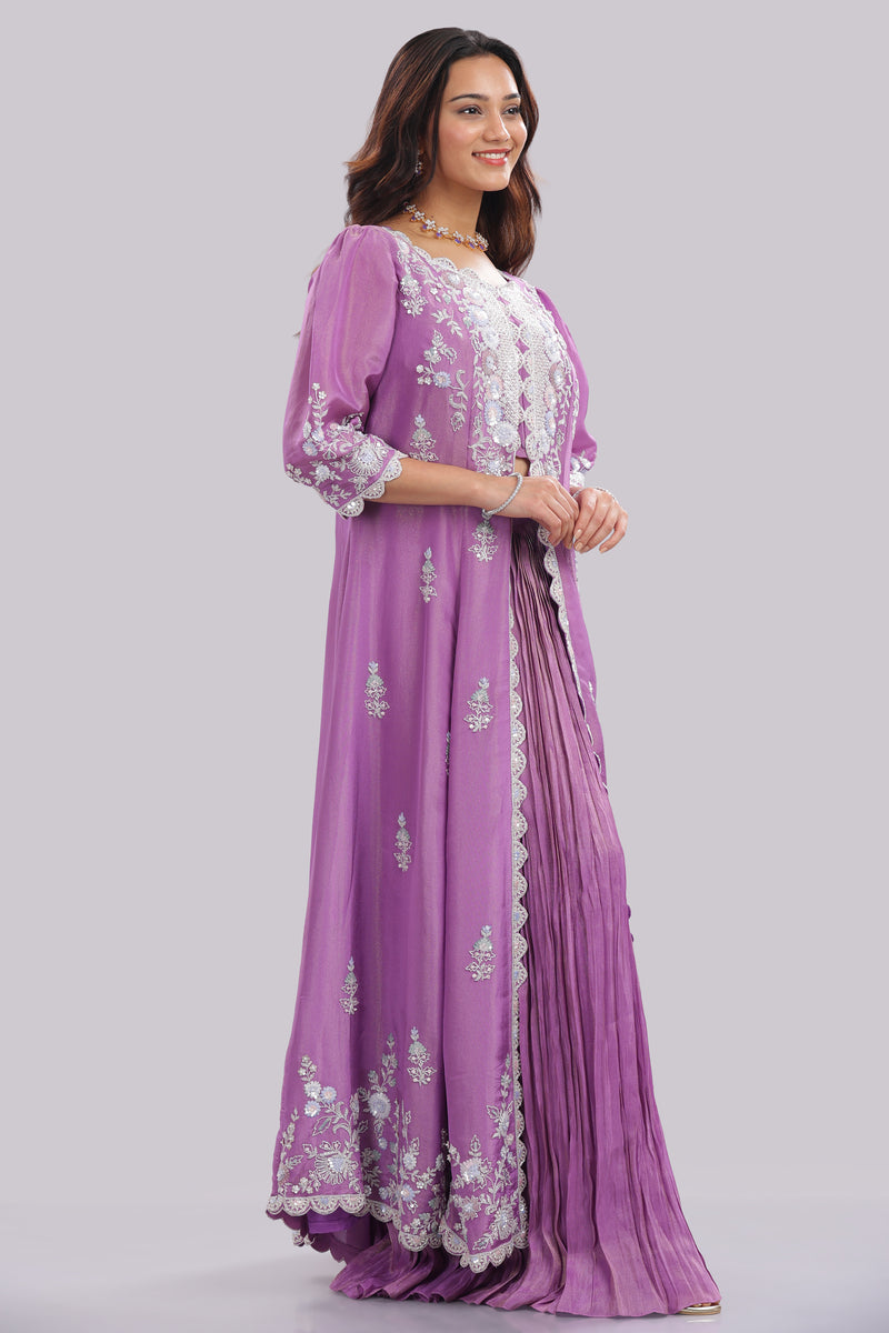 Designer Tissue Silk Hand Embroidered Anarkali Clubbed With Crushed Tissue Skirt And Tissue Dupatta