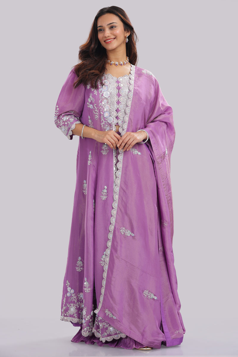 Designer Tissue Silk Hand Embroidered Anarkali Clubbed With Crushed Tissue Skirt And Tissue Dupatta
