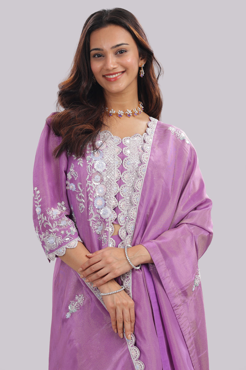 Designer Tissue Silk Hand Embroidered Anarkali Clubbed With Crushed Tissue Skirt And Tissue Dupatta