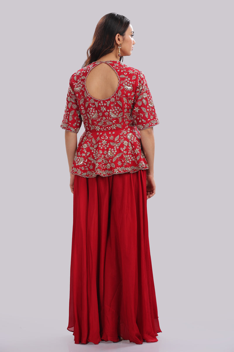 Designer Hand Embroidered Peplum Top Clubbed With Flaired Pant