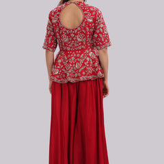 Designer Hand Embroidered Peplum Top Clubbed With Flaired Pant