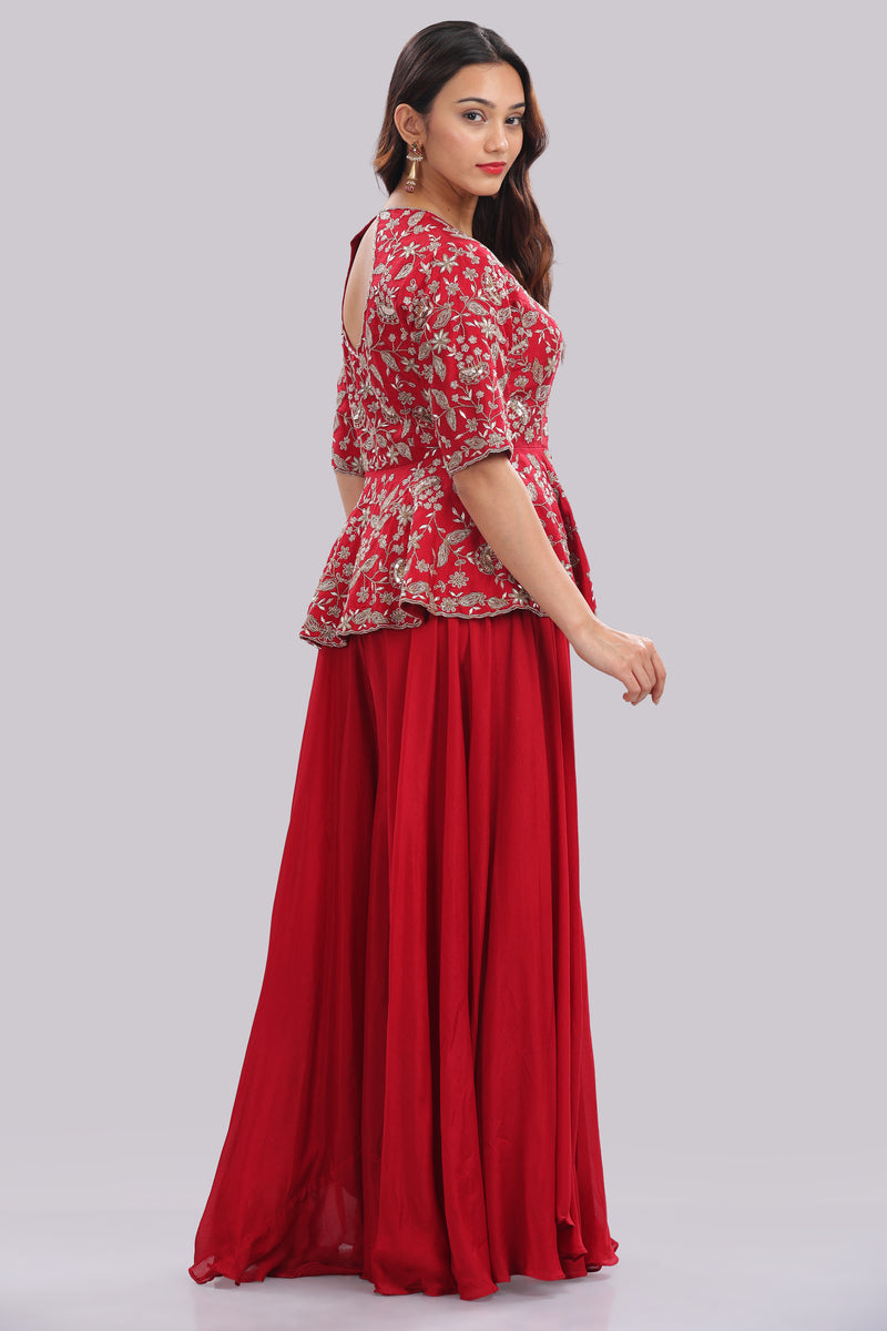 Designer Hand Embroidered Peplum Top Clubbed With Flaired Pant