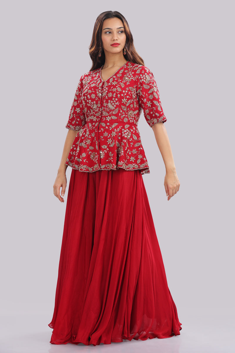 Designer Hand Embroidered Peplum Top Clubbed With Flaired Pant