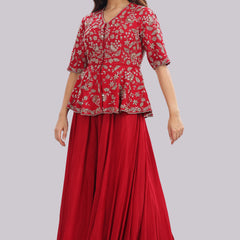 Designer Hand Embroidered Peplum Top Clubbed With Flaired Pant