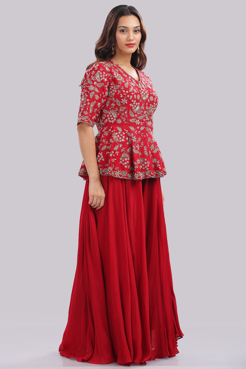 Designer Hand Embroidered Peplum Top Clubbed With Flaired Pant
