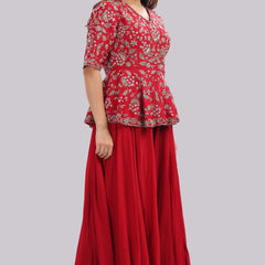 Designer Hand Embroidered Peplum Top Clubbed With Flaired Pant