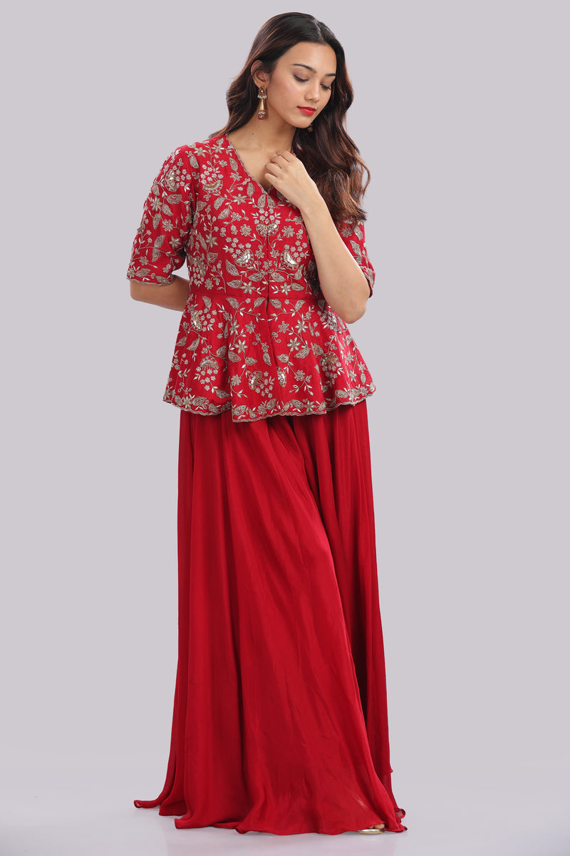 Designer Hand Embroidered Peplum Top Clubbed With Flaired Pant