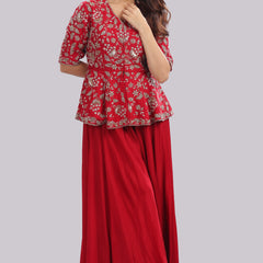 Designer Hand Embroidered Peplum Top Clubbed With Flaired Pant