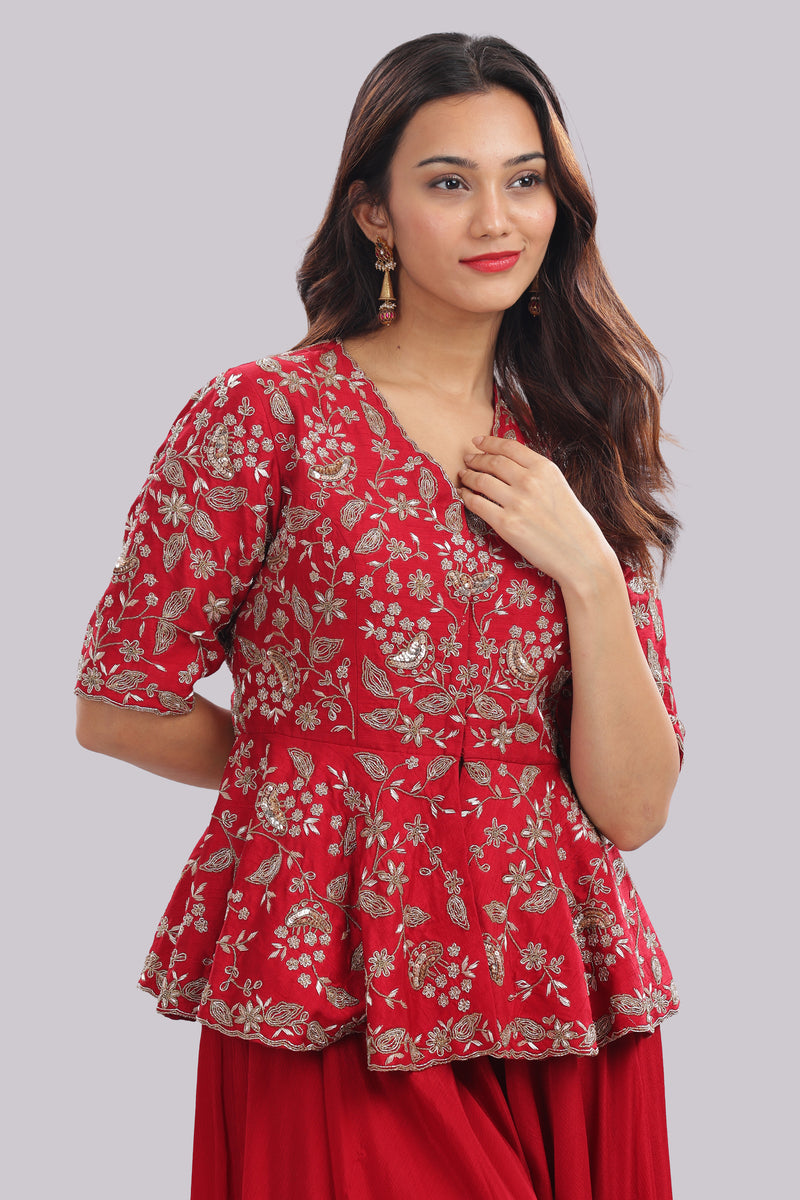 Designer Hand Embroidered Peplum Top Clubbed With Flaired Pant