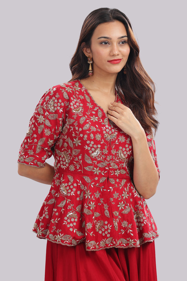 Designer Hand Embroidered Peplum Top Clubbed With Flaired Pant