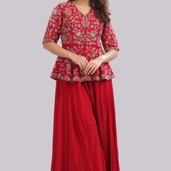 Designer Hand Embroidered Peplum Top Clubbed With Flaired Pant
