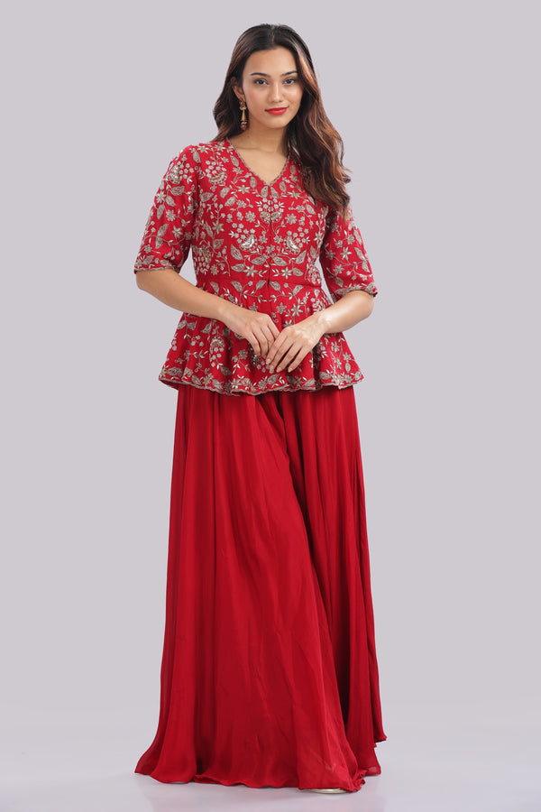 Designer Hand Embroidered Peplum Top Clubbed With Flaired Pant