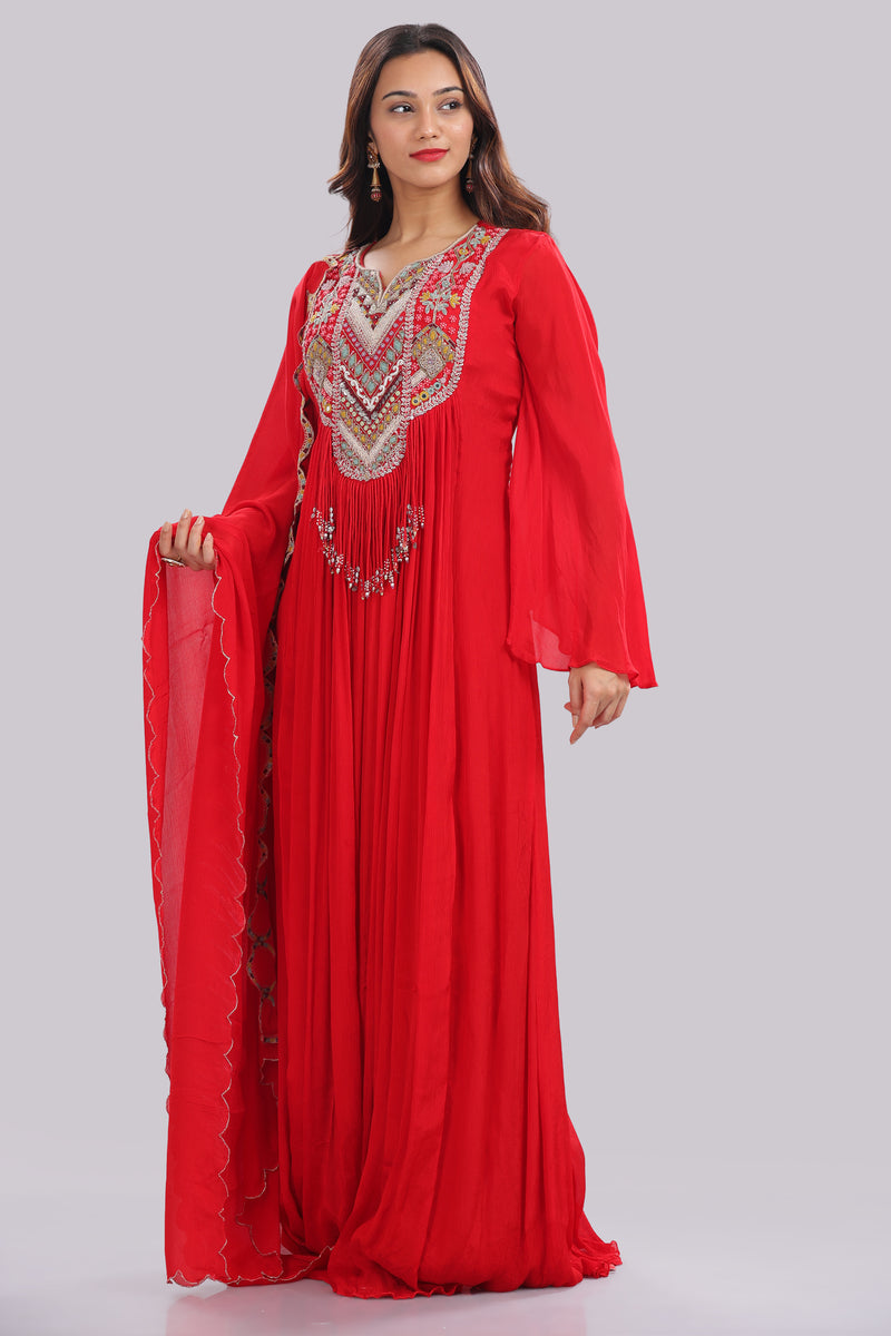 Designer Hand Embroidered Full Length Gown With Dupatta