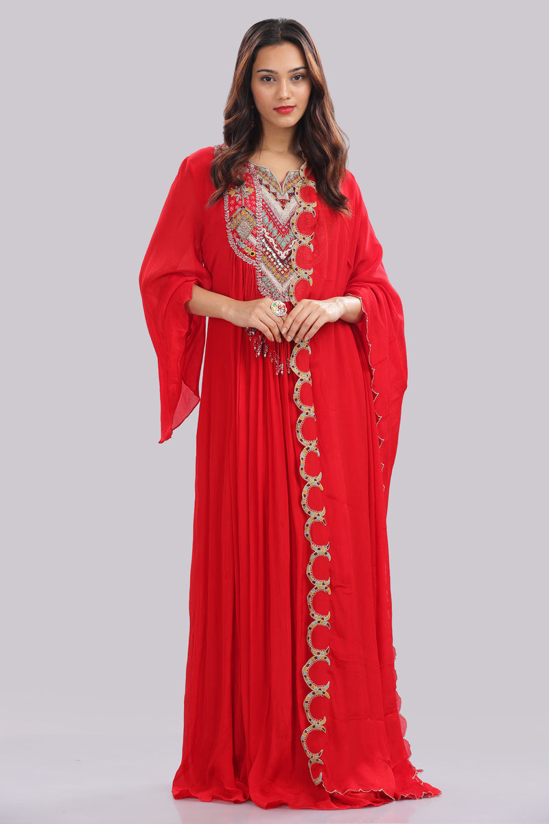 Designer Hand Embroidered Full Length Gown With Dupatta