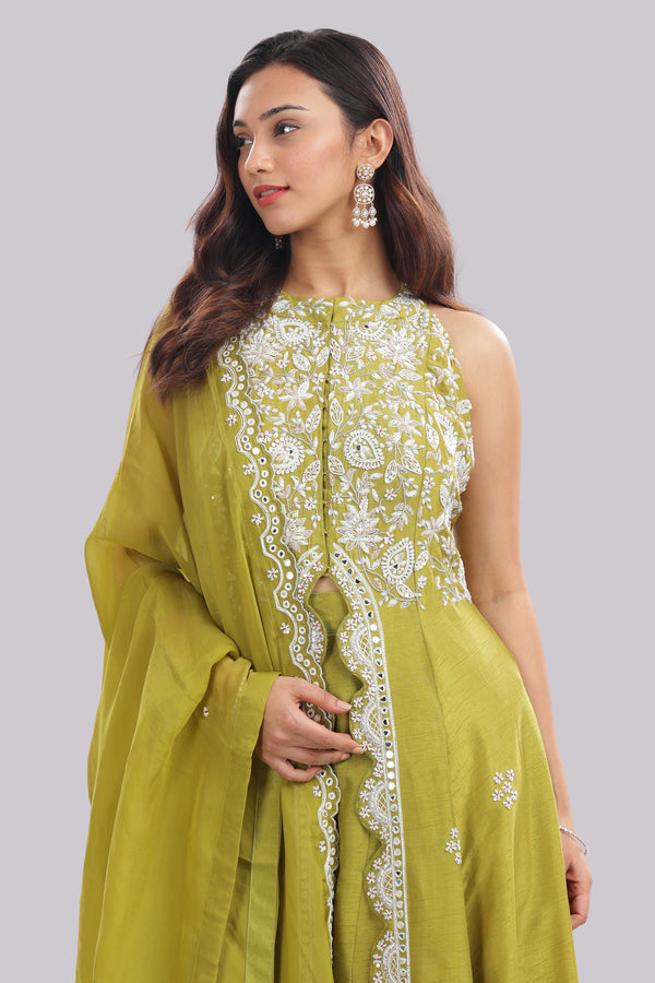 Indo-Western Anarkali with Panelled Pant & Dupatta