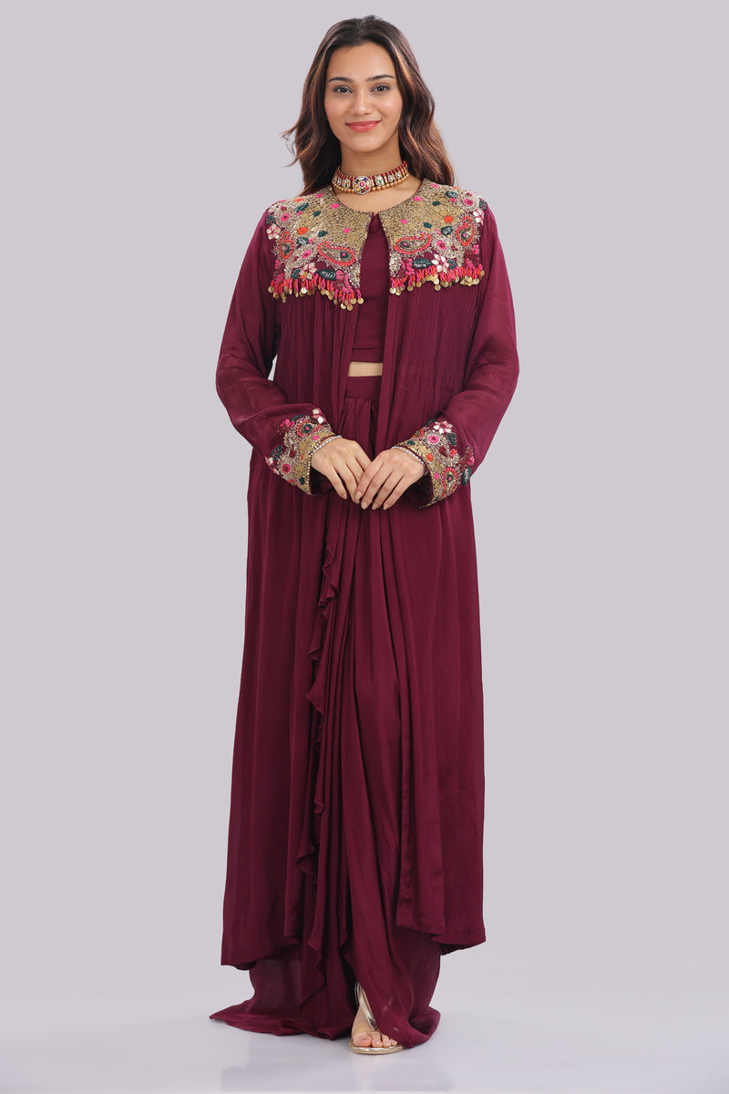 Designer Hand Embroidered Jacket with Draped Skirt & Blouse