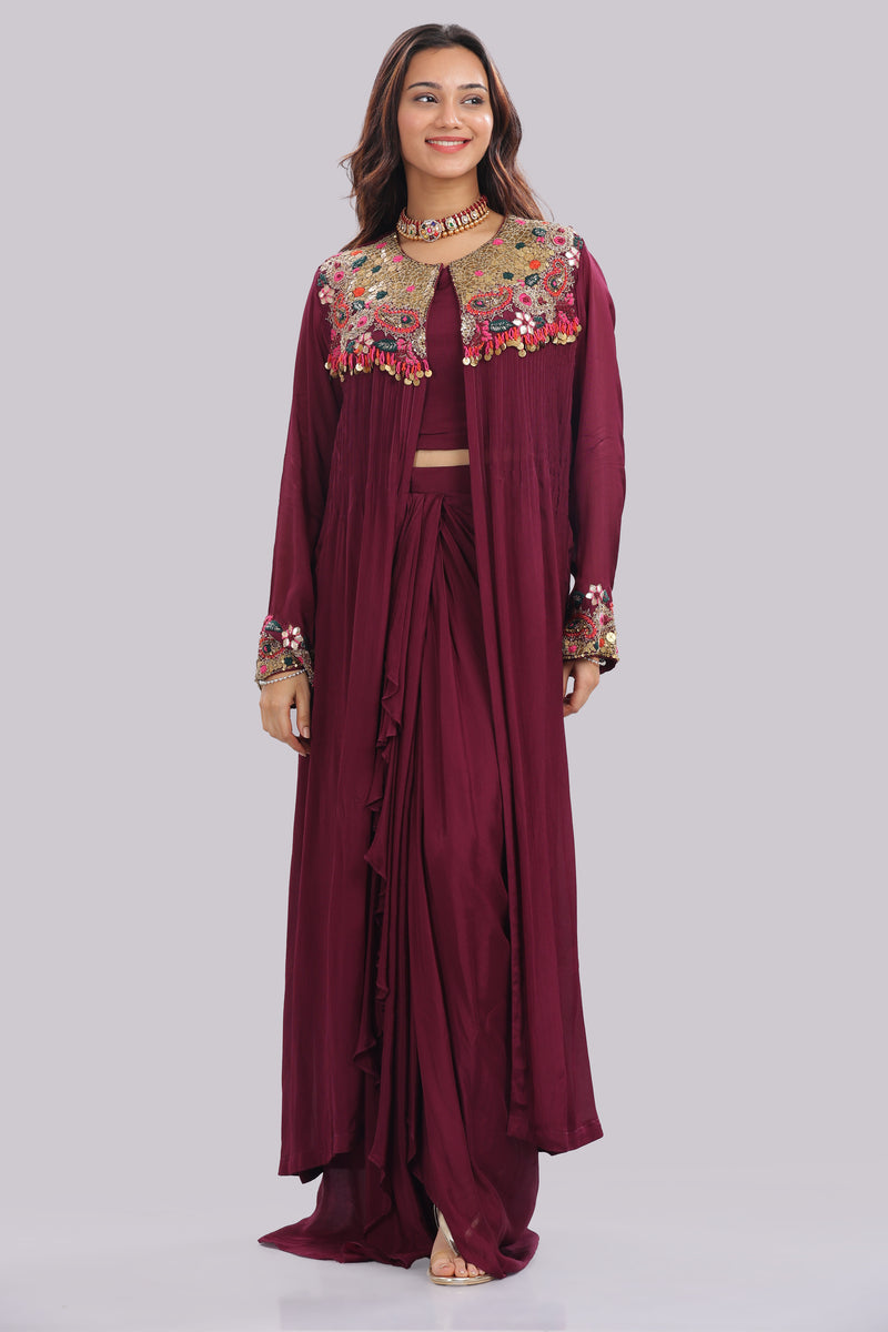Designer Hand Embroidered Jacket with Draped Skirt & Blouse