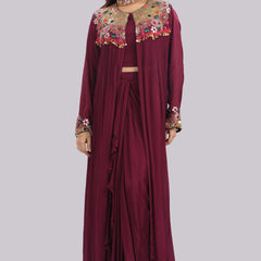 Designer Hand Embroidered Jacket with Draped Skirt & Blouse