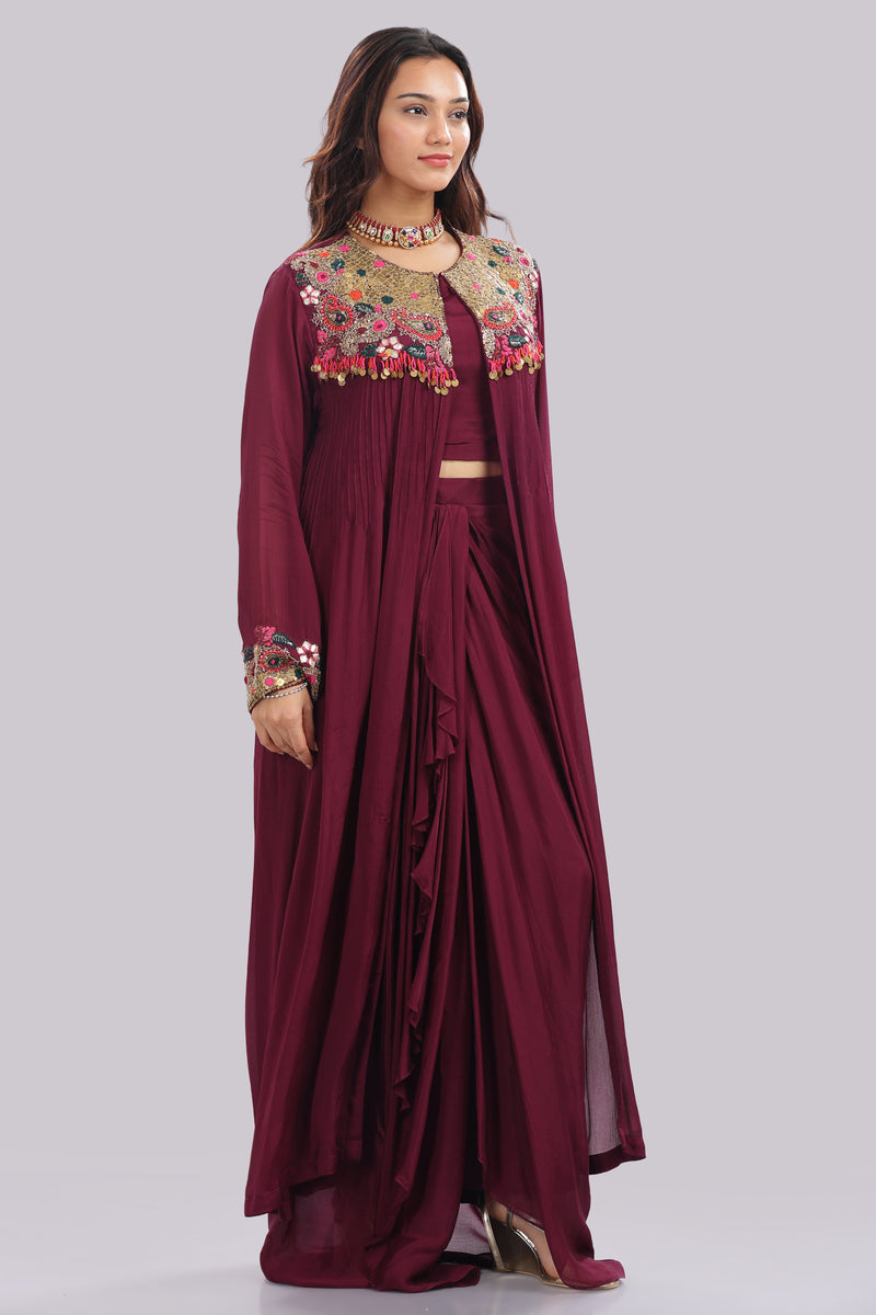 Designer Hand Embroidered Jacket with Draped Skirt & Blouse