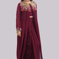 Designer Hand Embroidered Jacket with Draped Skirt & Blouse