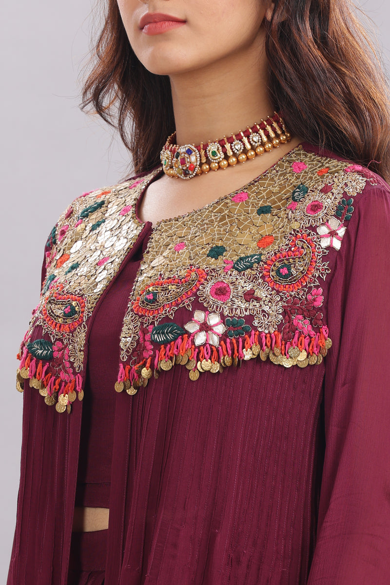 Designer Hand Embroidered Jacket with Draped Skirt & Blouse