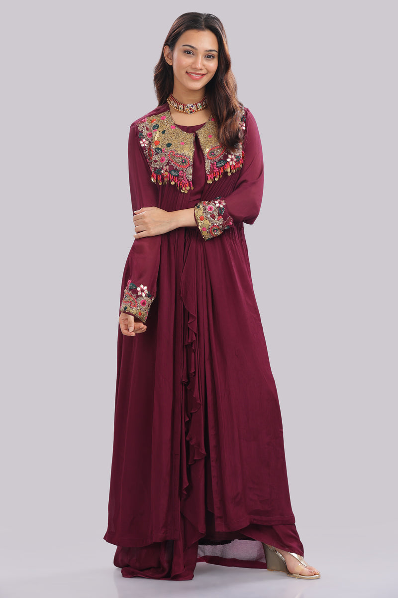 Designer Hand Embroidered Jacket with Draped Skirt & Blouse