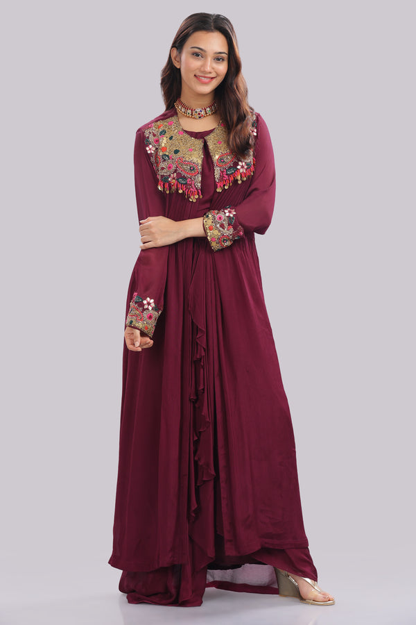 Designer Hand Embroidered Jacket with Draped Skirt & Blouse