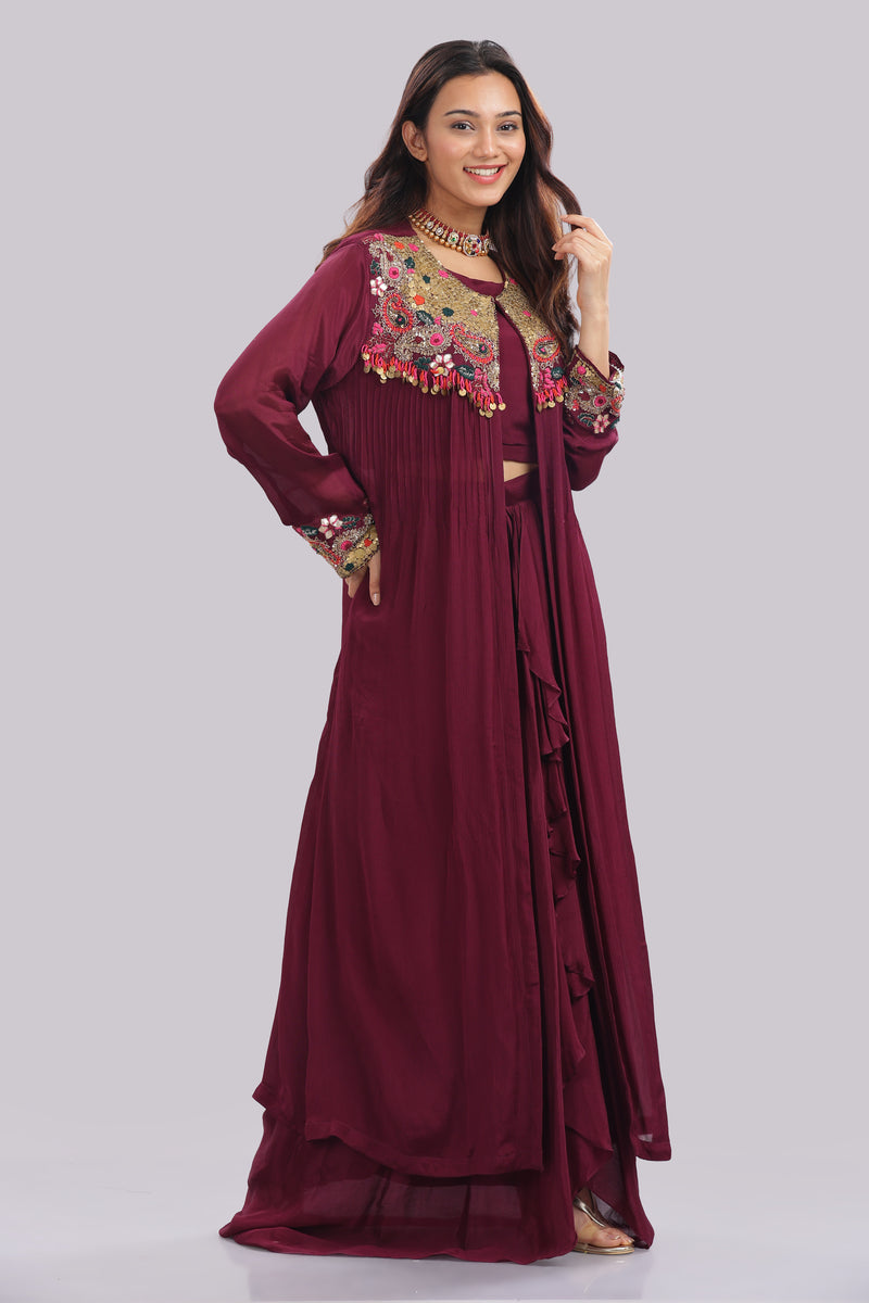 Designer Hand Embroidered Jacket with Draped Skirt & Blouse