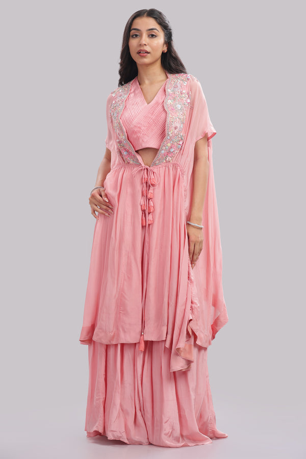 Kaftan Cape & Skirt Set With Pleated Blouse