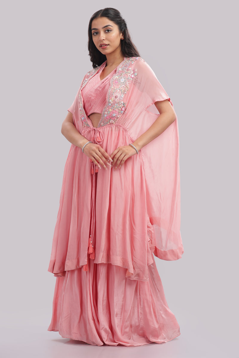 Kaftan Cape & Skirt Set With Pleated Blouse