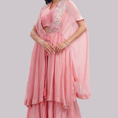Kaftan Cape & Skirt Set With Pleated Blouse