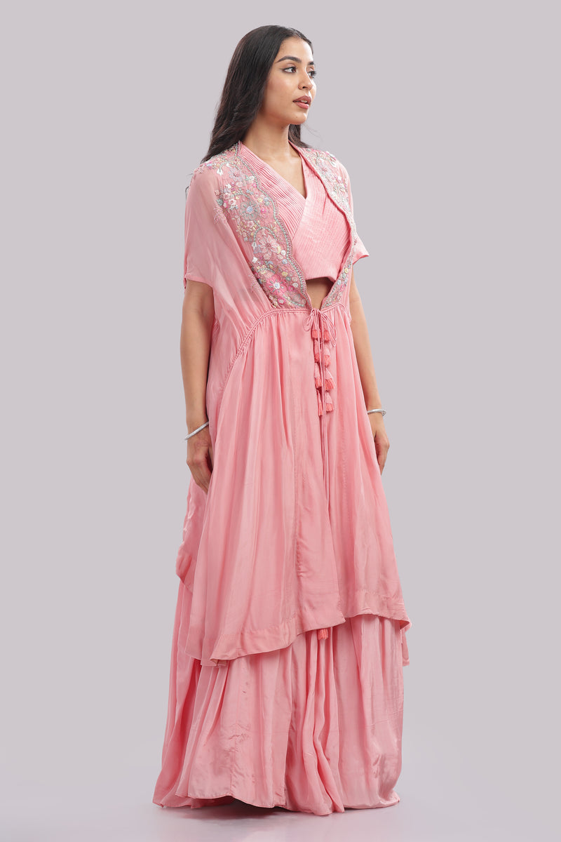 Kaftan Cape & Skirt Set With Pleated Blouse