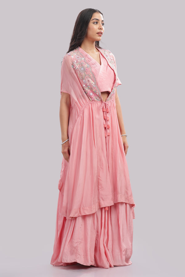 Kaftan Cape & Skirt Set With Pleated Blouse