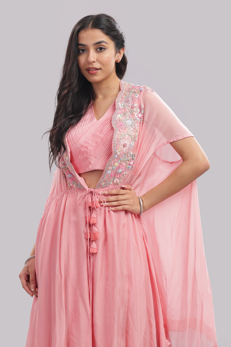 Kaftan Cape & Skirt Set With Pleated Blouse