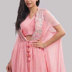 Kaftan Cape & Skirt Set With Pleated Blouse