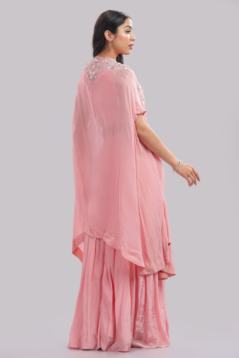 Kaftan Cape & Skirt Set With Pleated Blouse