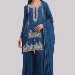 Regal Teal Hand-Embroidered Sharara Set