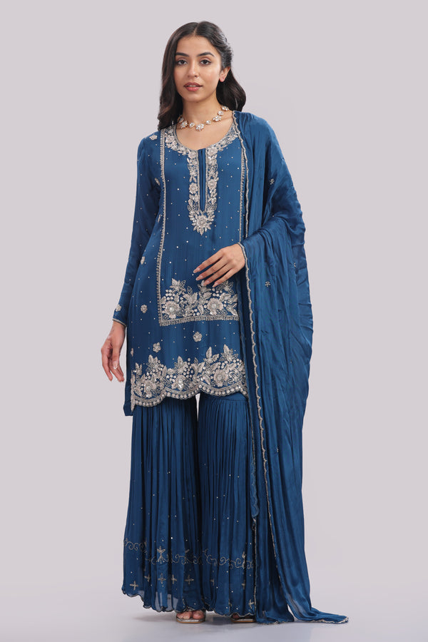 Regal Teal Hand-Embroidered Sharara Set