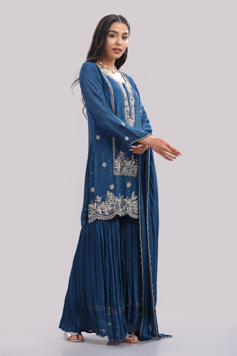 Regal Teal Hand-Embroidered Sharara Set