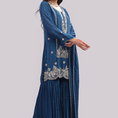 Regal Teal Hand-Embroidered Sharara Set