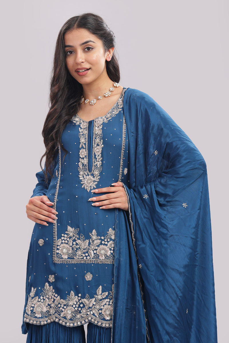 Regal Teal Hand-Embroidered Sharara Set