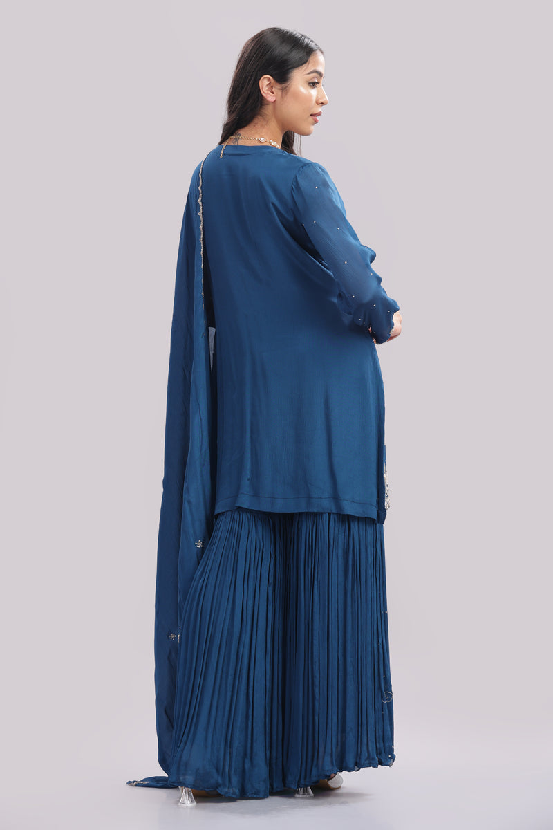 Regal Teal Hand-Embroidered Sharara Set