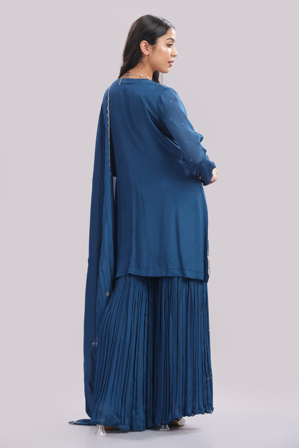 Regal Teal Hand-Embroidered Sharara Set