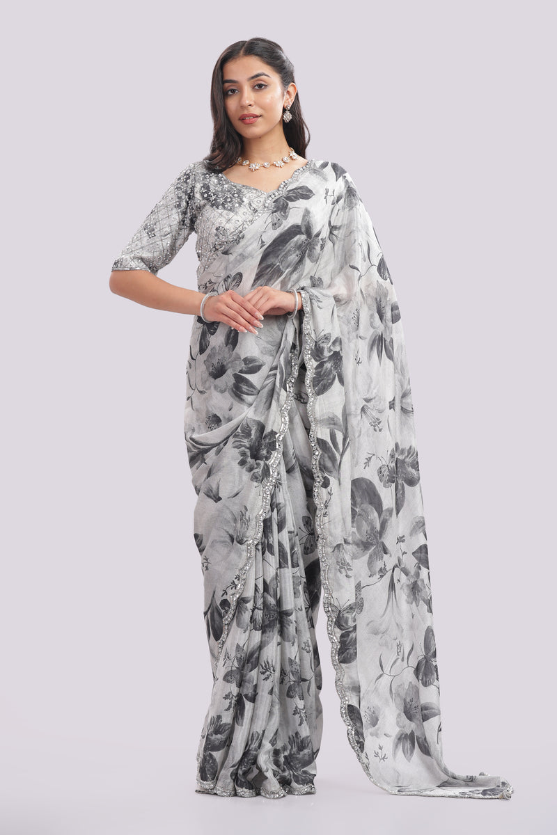 Designer Hand Embroidered Chiffon Saree