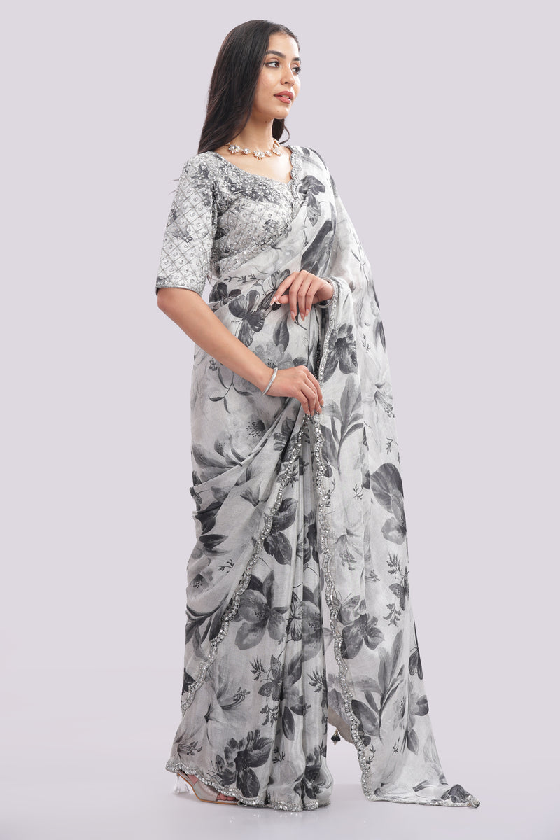 Designer Hand Embroidered Chiffon Saree