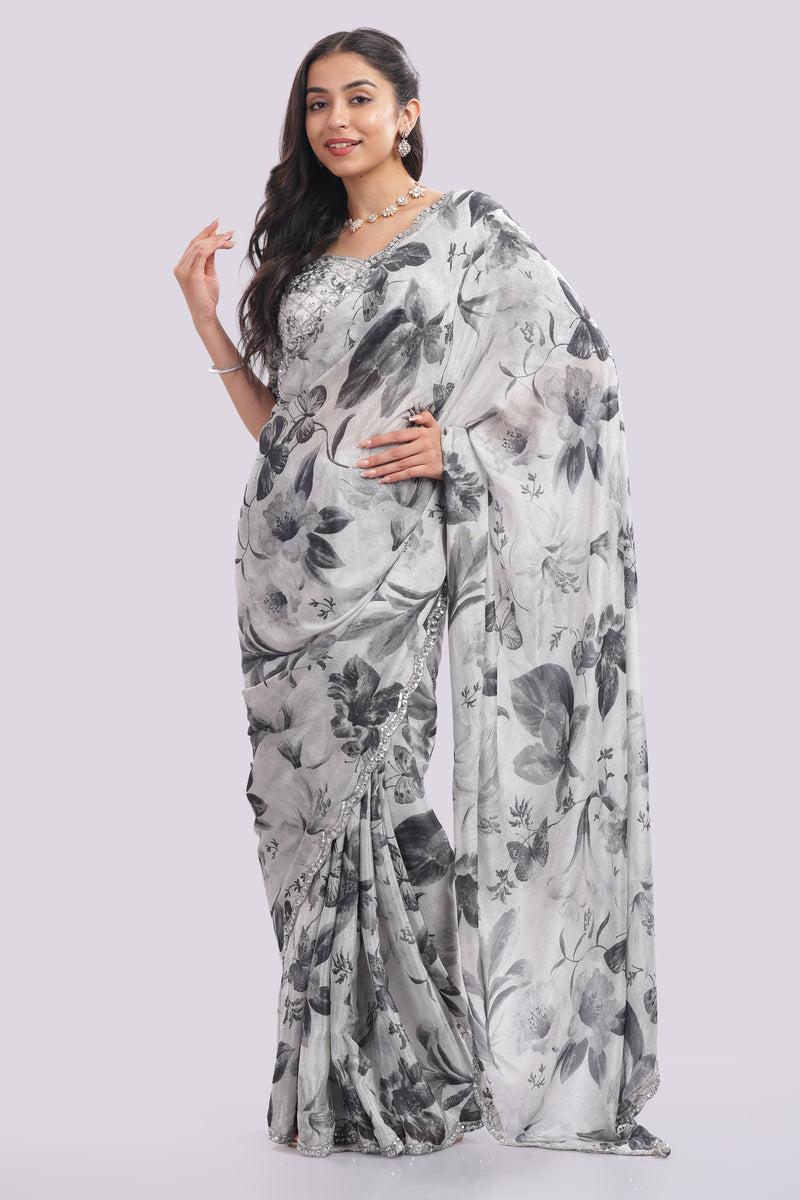 Designer Hand Embroidered Chiffon Saree