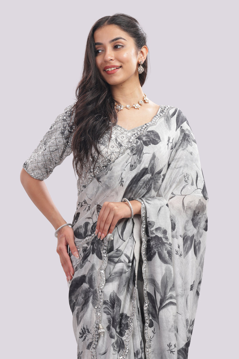 Designer Hand Embroidered Chiffon Saree