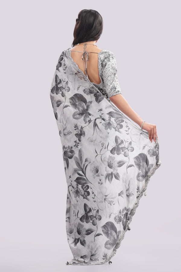 Designer Hand Embroidered Chiffon Saree